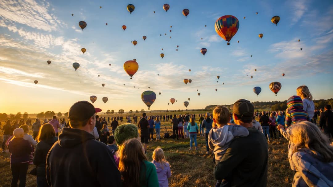 Colorful hot air balloons rising over a Delaware field at sunrise