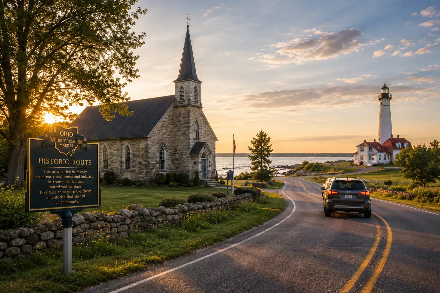 A scenic country road with a historic church, marker, and distant lighthouse