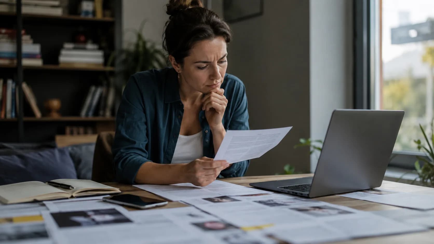 A woman carefully reviews printed articles at a desk beside an open laptop
