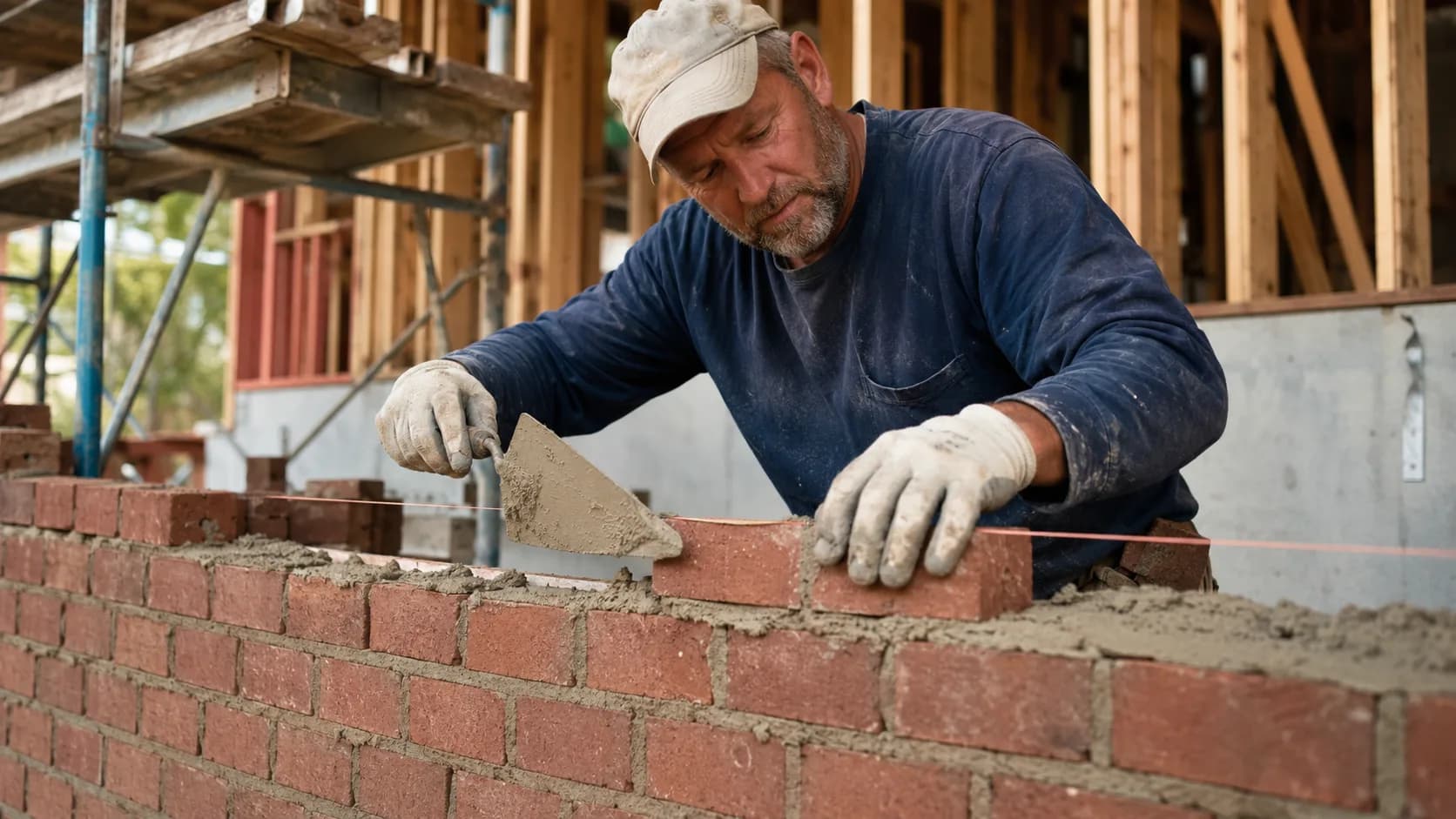 Experienced brick mason laying a straight course of clay brick on a new American home