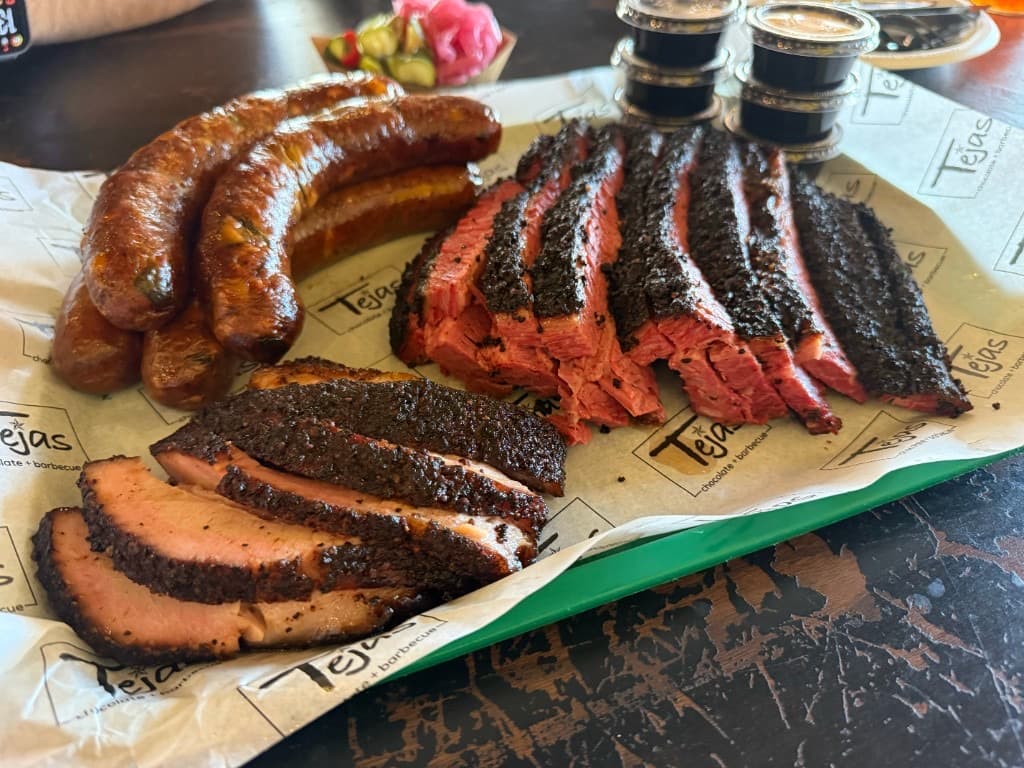 Tejas Chocolate + Barbecue tray in Tomball — Dock Line Best BBQ in Texas 2026