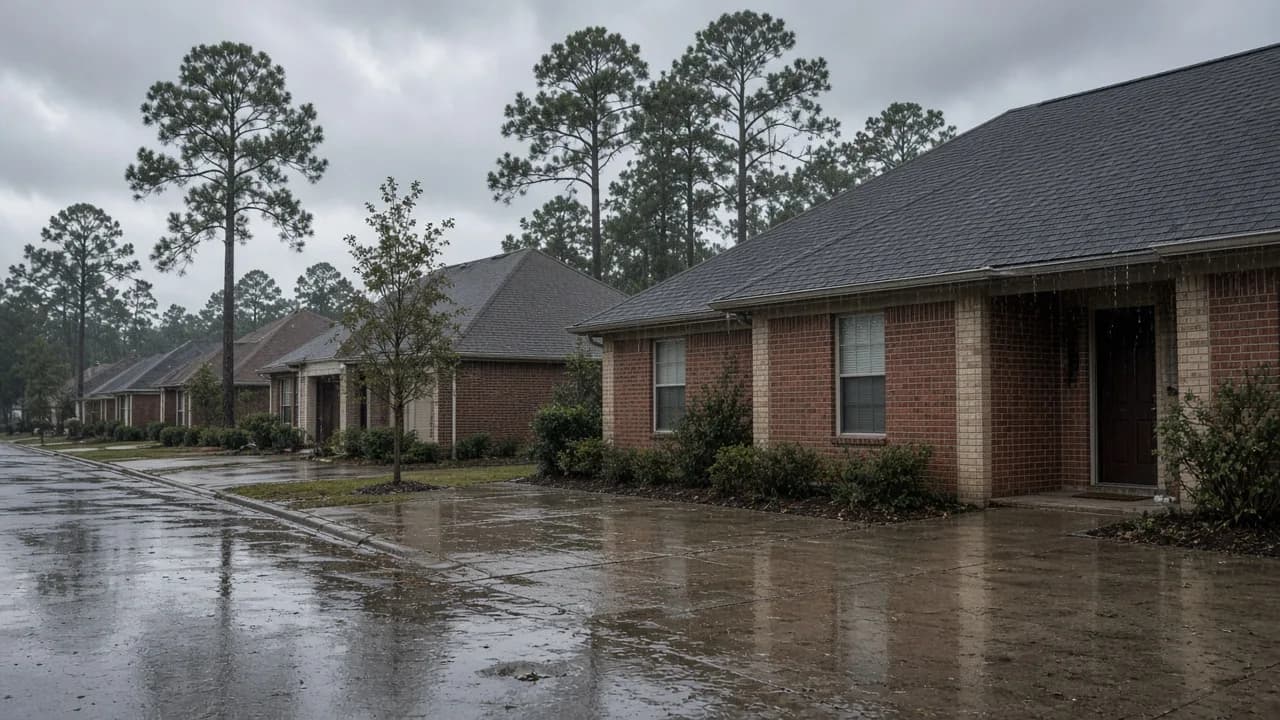 Wet roofs and driveways in a pine-lined Houston suburb after overnight rain